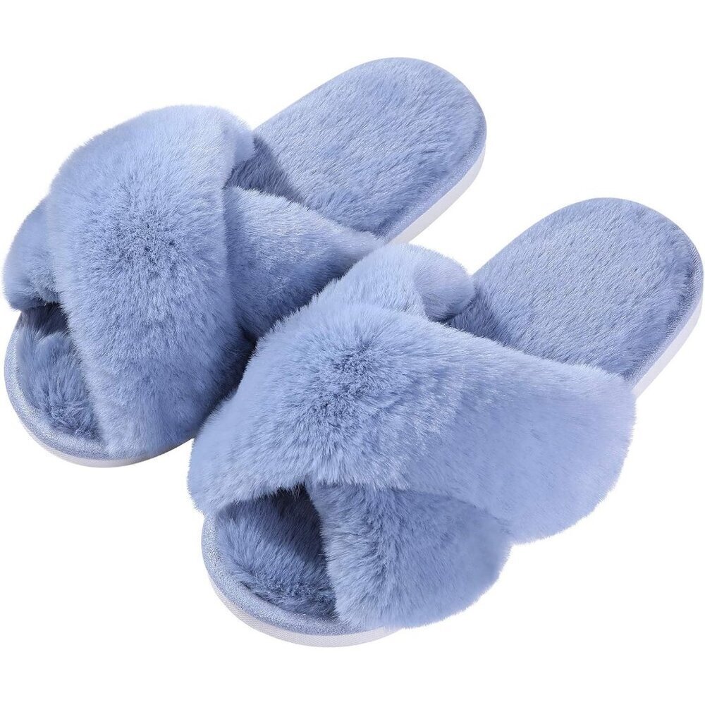 Women's Blue Fuzzy Cross Band Memory Foam Open-Toe House Slippers